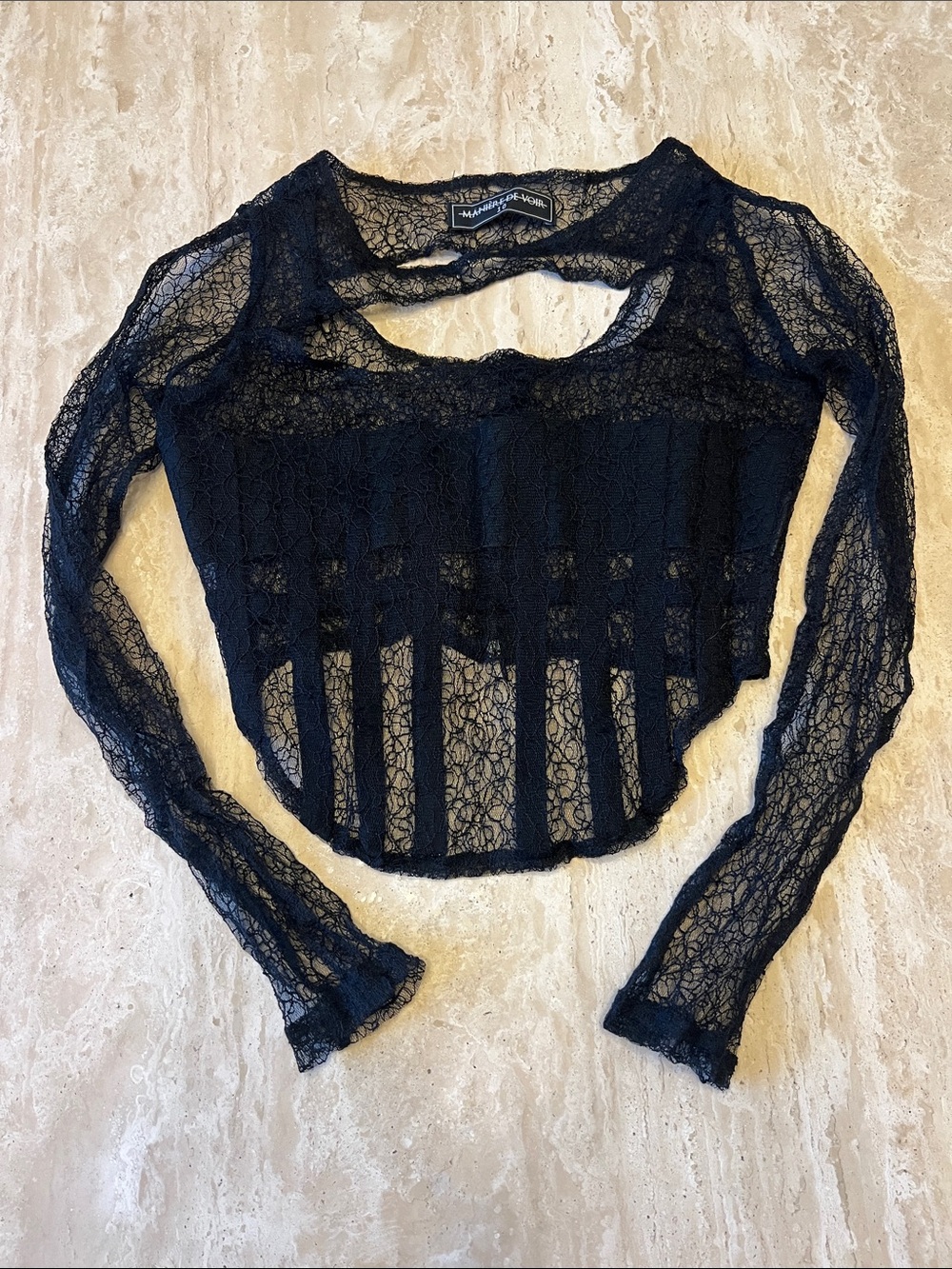Maniere De Voir Black Sheer Lace Long-Sleeve Crop Top